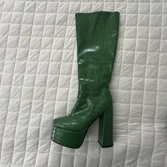 JINGPIN Womens Platform Boots 36 Green Faux Crocodile High Block Heel US 6 Glam - Picture 4 of 16